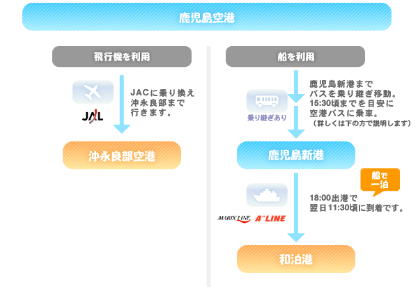 鹿児島からは飛行機を乗り継ぐのか、船で行くか分かれます。船で行く場合は鹿児島新港までバスやタクシーで移動し、乗船後は船で一泊します。